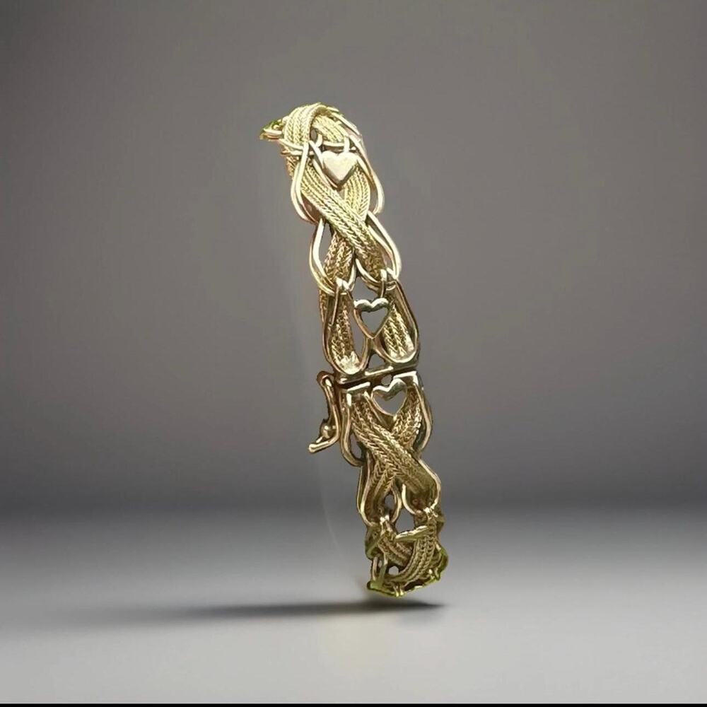 Rare Vintage 14K Solid Gold Woven Wheat Mesh Heart Bracelet | 14 Grams | 6.5 In